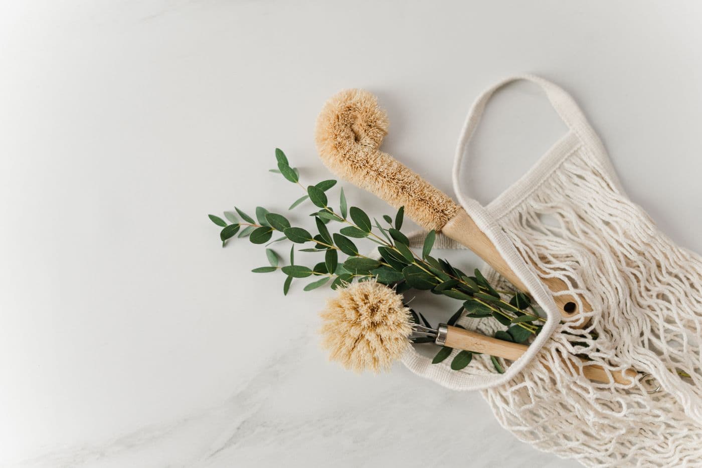 Natural dry brushes and eucalyptus on a marble surface